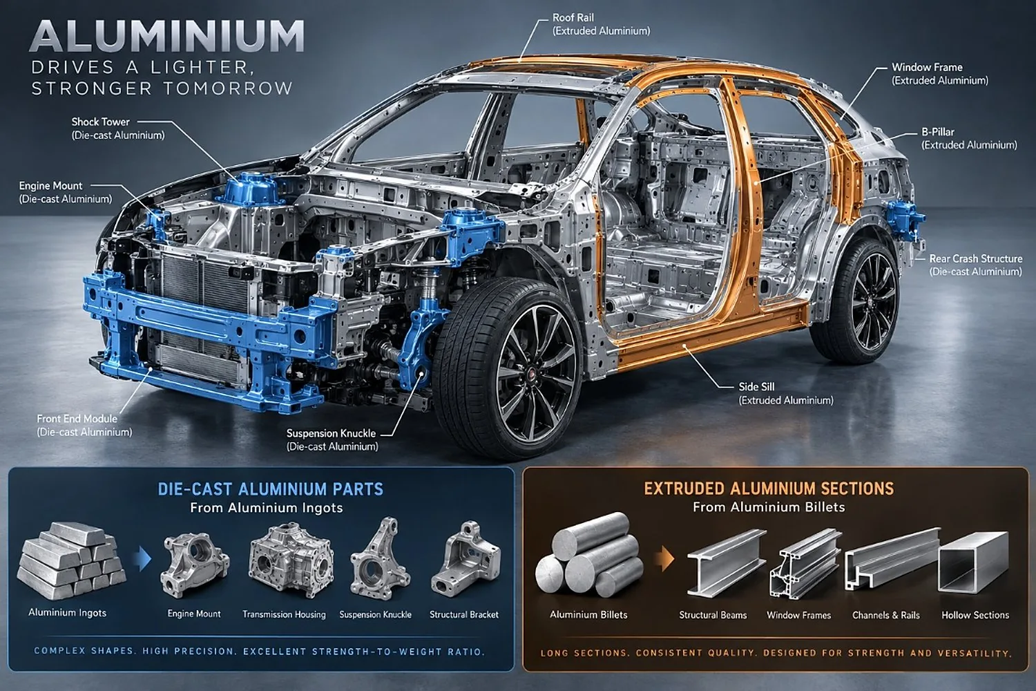 Aluminium in a vehicle: die-cast parts from ingots and extruded sections from billets
